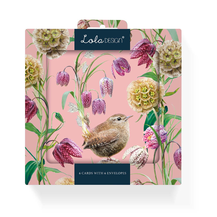 Pack of Six Blank Wren Pattern Notecards - Lola Design Ltd