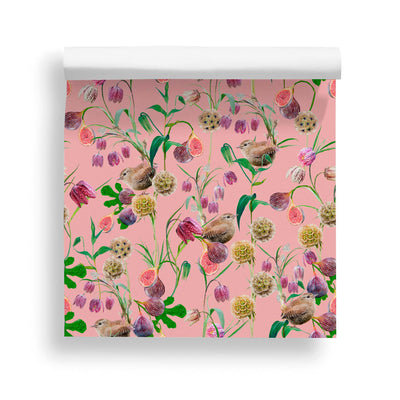Botanical Wren Rose Pink Wallpaper by Lola Design - Lola Design Ltd