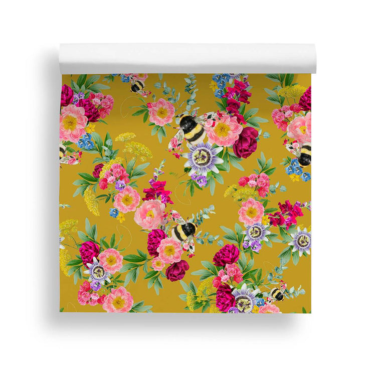 wallpaper, bumble bee, home decor, interior, bedroom wallpaper, living room wallpaper, floral botanical wallpaper, mustard wallpaper