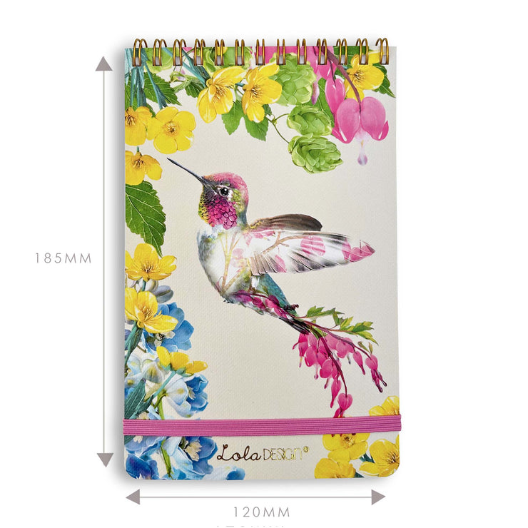 Hummingbird Pattern Spiral Reporter Notepad with Elastic Closure - Lola Design Ltd