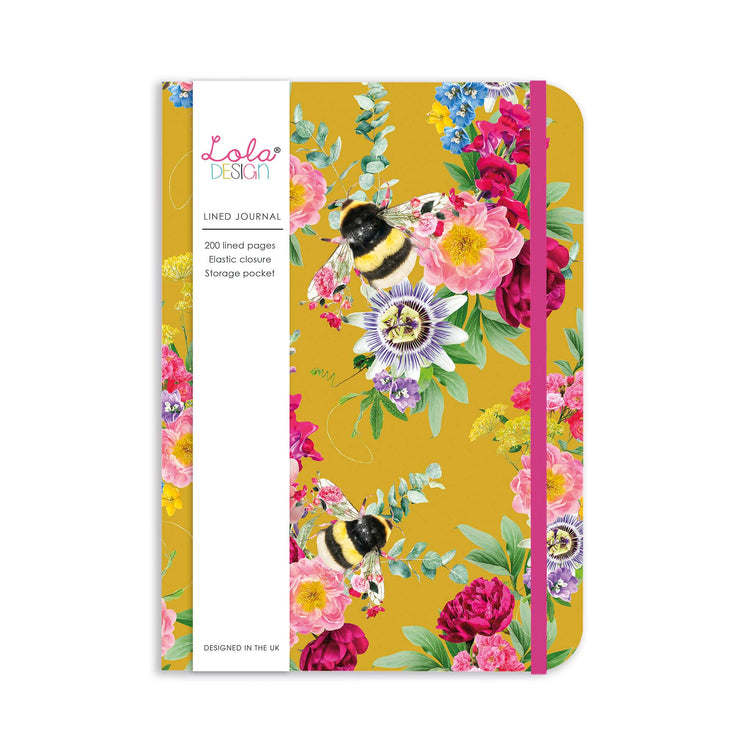 Mustard bee A5 Pattern Hardback Journal with Elastic Closure - Lola Design Ltd
