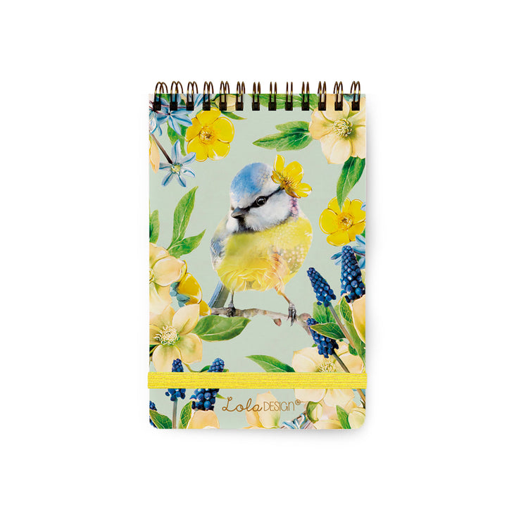 Blue Tit Pattern Spiral Reporter Notepad with Elastic Closure - Lola Design Ltd
