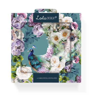 Pack of Six Blank Peacock Pattern Notecards - Lola Design Ltd
