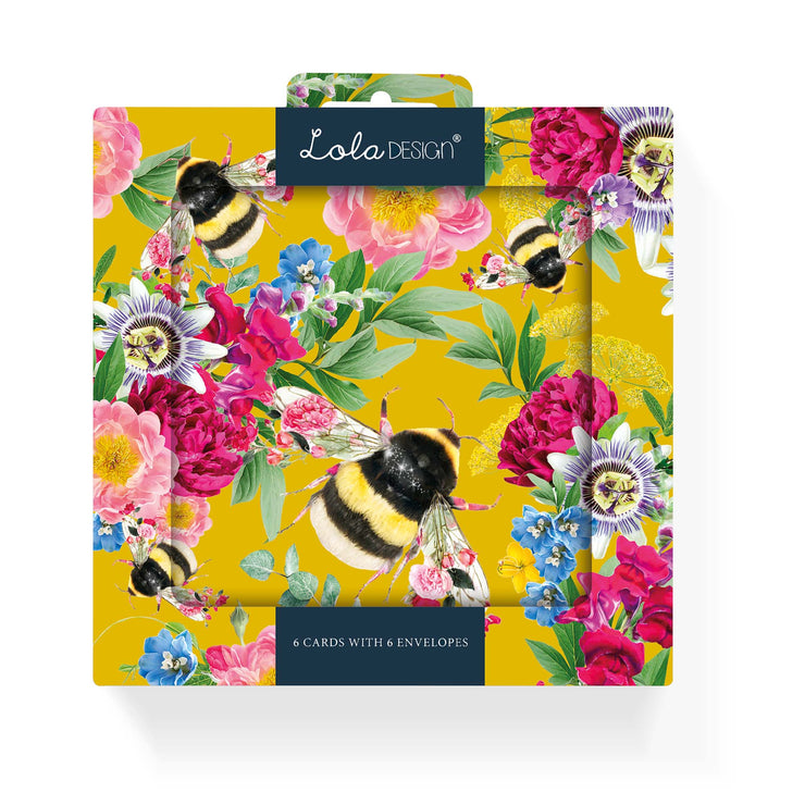 Pack of Six Blank Mustard Bee Pattern Notecards - Lola Design Ltd