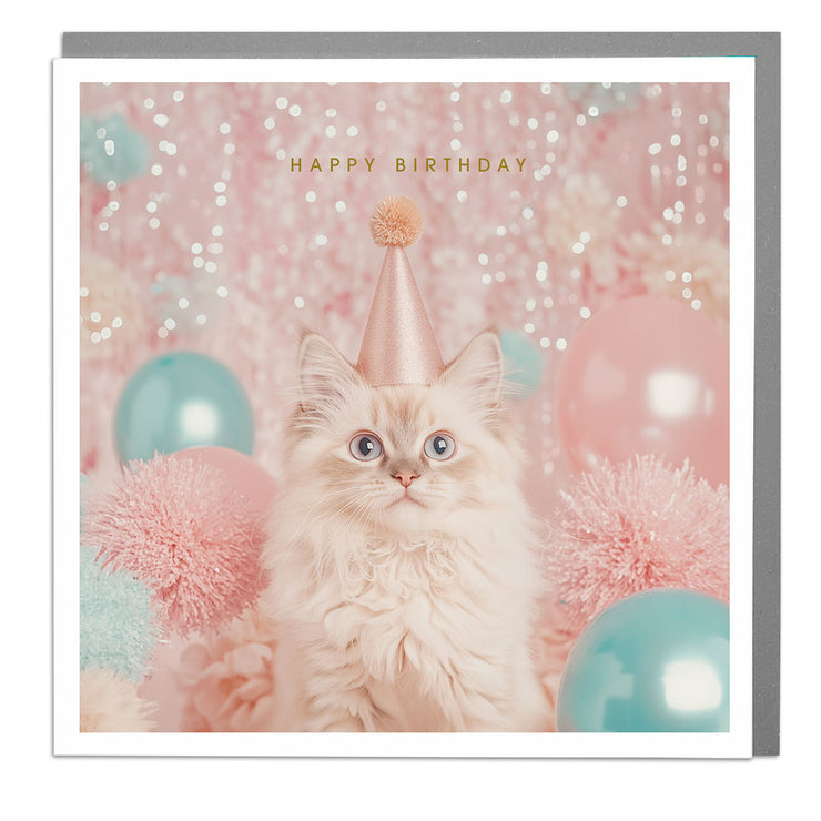 Cat Wearing a Party Hat - Happy Birthday Card by Lola Design - Lola Design Ltd
