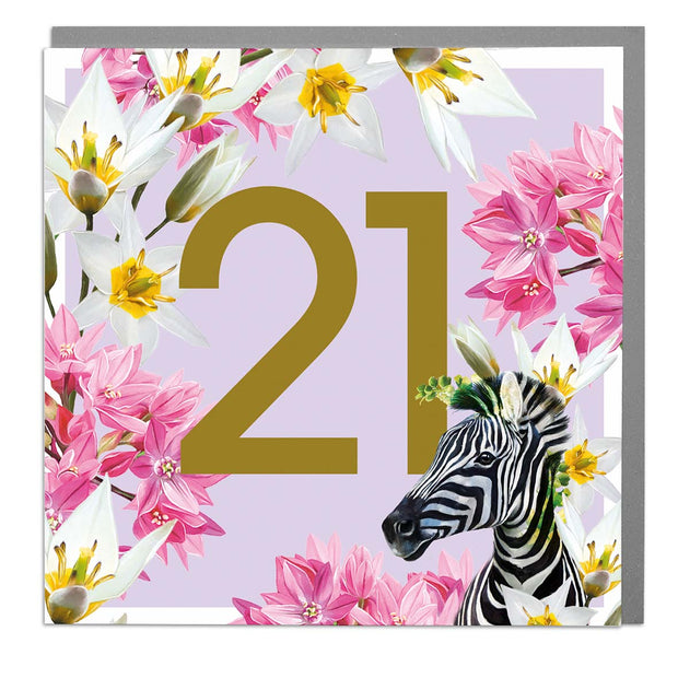 Age 21 - Zebra Greeting Card by Lola Design - Lola Design Ltd