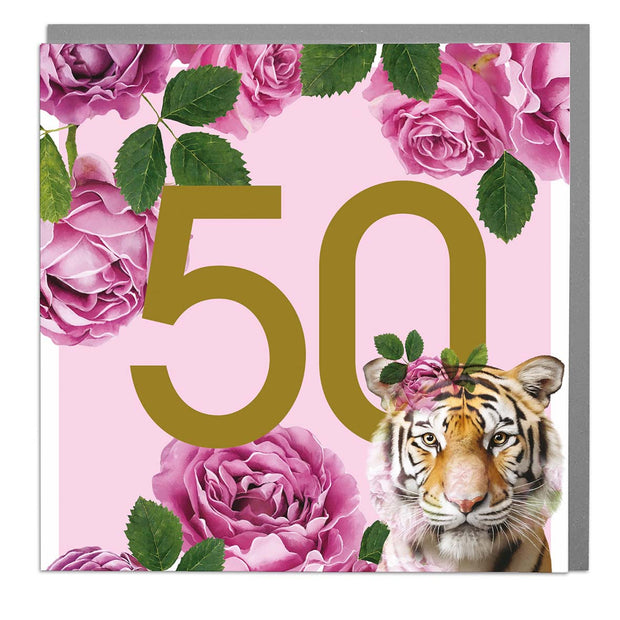 Age 50 - Tiger Greeting Card by Lola Design - Lola Design Ltd
