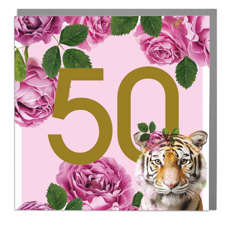 Age 50 - Tiger Greeting Card by Lola Design - Lola Design Ltd