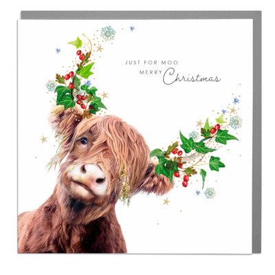 Just For Moo, Merry Christmas - Highland Cow Christmas card by Lola Design - Lola Design Ltd