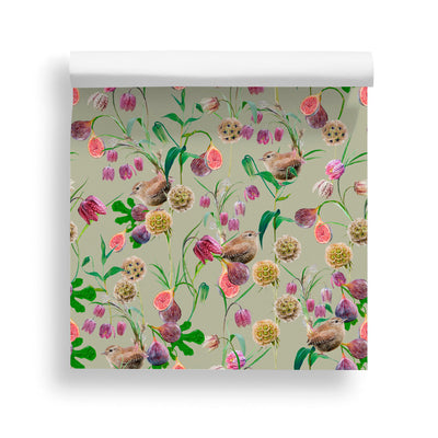 Botanical Wren Wallpaper by Lola Design - Mist Green - Lola Design Ltd