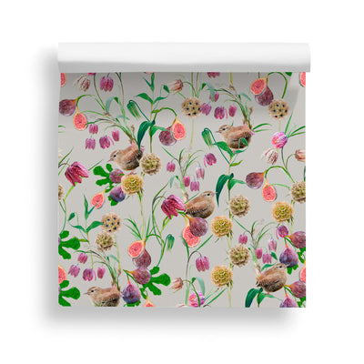 Botanical Wren Wallpaper by Lola Design - French Grey - Lola Design Ltd