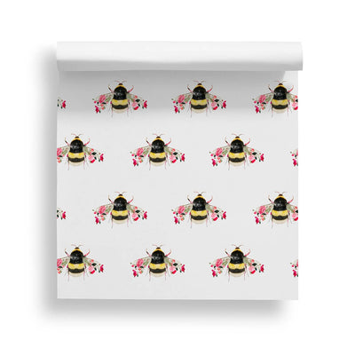 white wallpaper, botanical bee, floral wallpaper, bedroom wallpaper, living room wallpaper, home decor, flower wallpaper bumble bee, floral bee