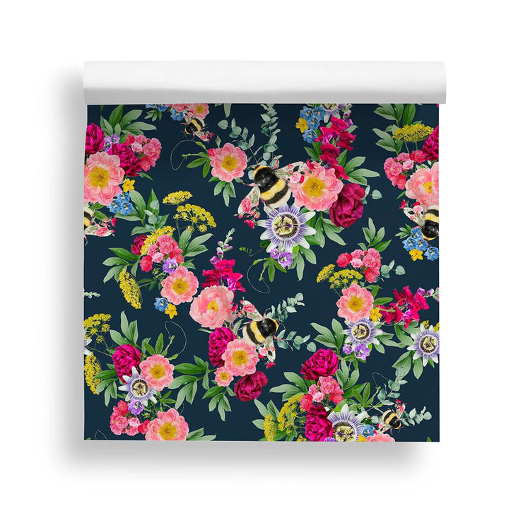 dark blue wallpaper, botanical bee, floral wallpaper, bedroom wallpaper, living room wallpaper, home decor, flower wallpaper bumble bee, floral bee