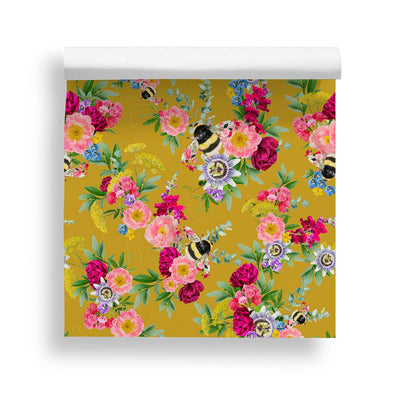 wallpaper, bumble bee, home decor, interior, bedroom wallpaper, living room wallpaper, floral botanical wallpaper, mustard wallpaper