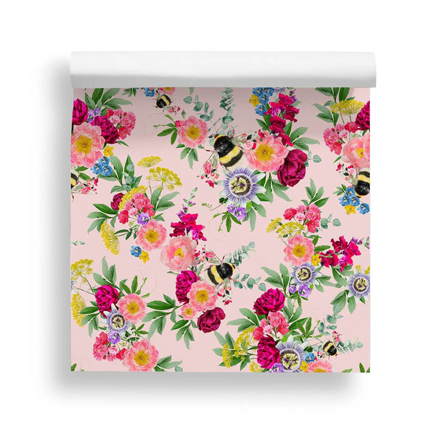 pink wallpaper, botanical bee, floral wallpaper, bedroom wallpaper, living room wallpaper, home decor, flower wallpaper bumble bee, floral bee