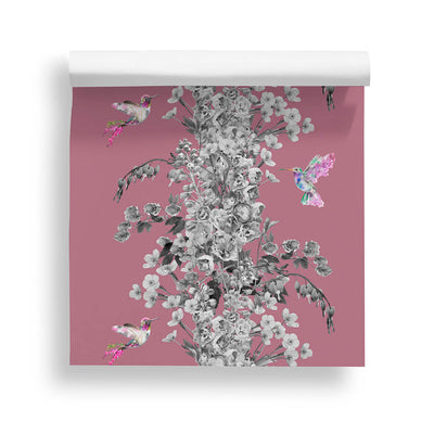 Hummingbird Black & White Deep Mauve Wallpaper - Lola Design Ltd
