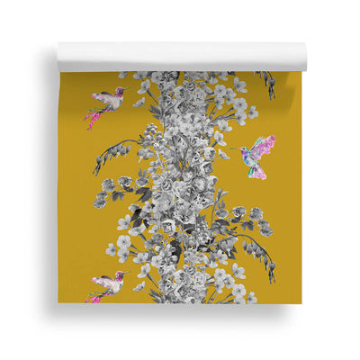 Hummingbird Black & White Mustard Wallpaper - Lola Design Ltd