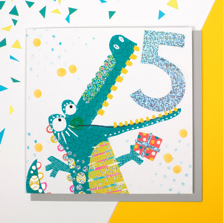 Crocodile Age 5 Birthday Card - Lola Design Ltd