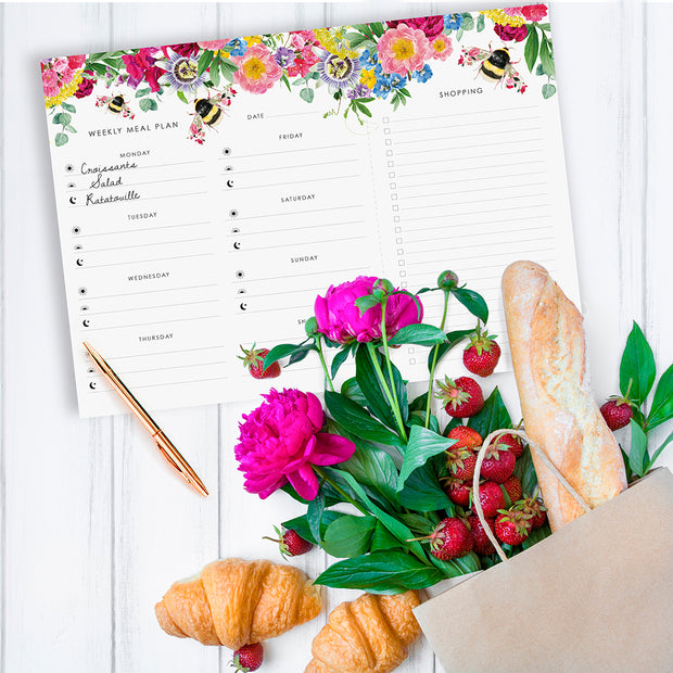 Weekly Meal Planner with Shopping List Featuring Botanical Bee - Lola Design Ltd