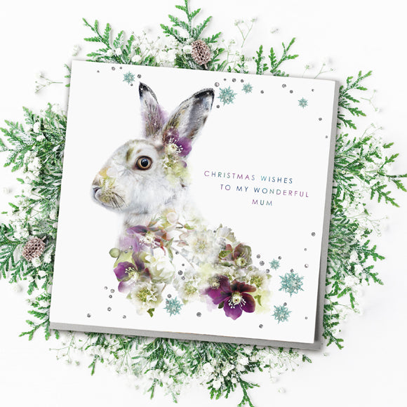 Mountain Hare Christmas Wishes To My Wonderful Mum Card - Lola Design Ltd